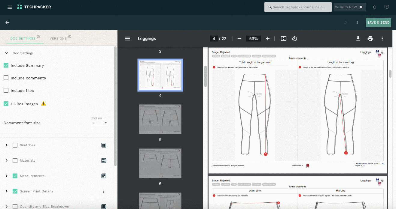 Tech pack layout view