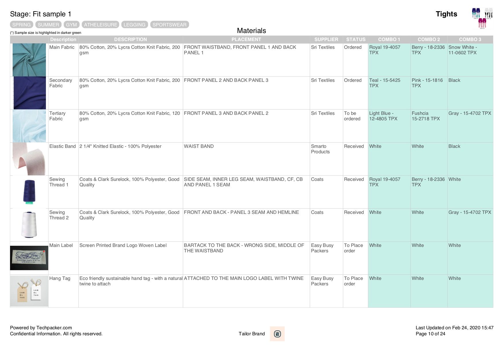 BOM table for leggings