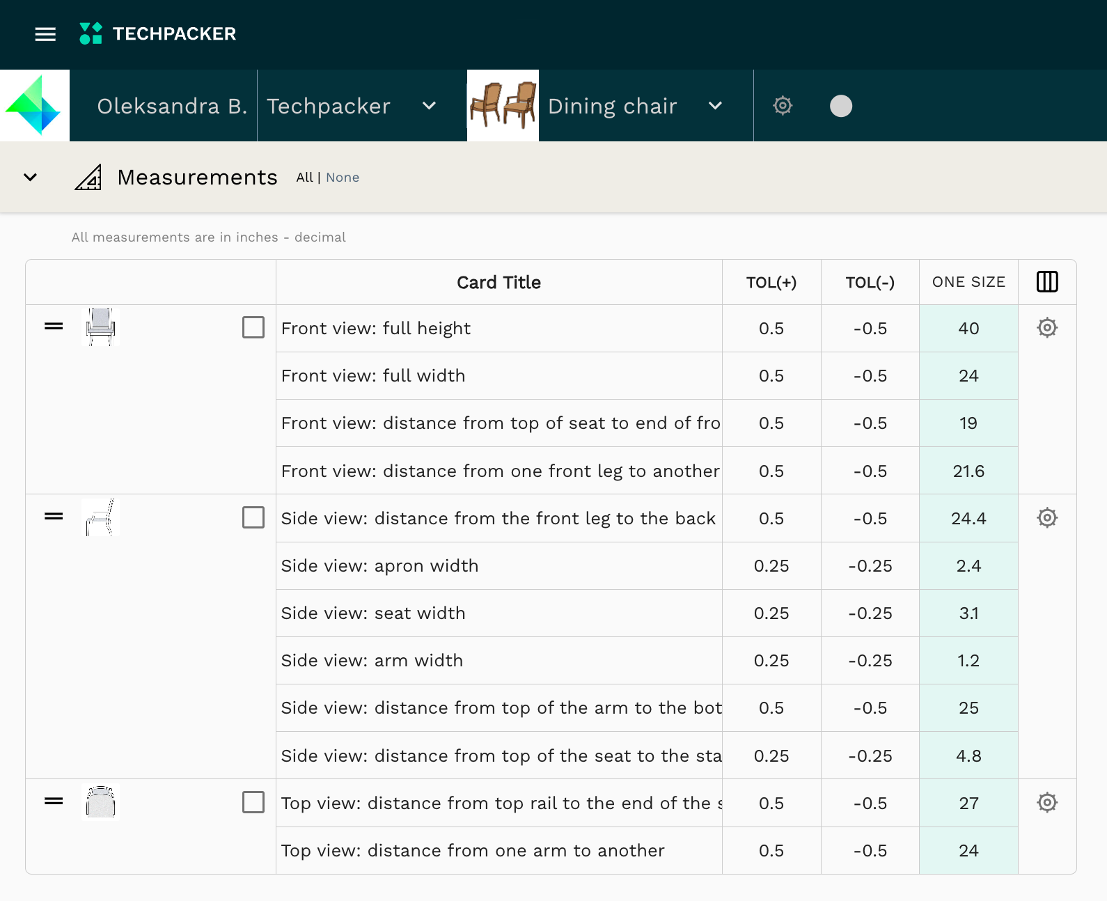 Tech pack for furniture Measurements Table