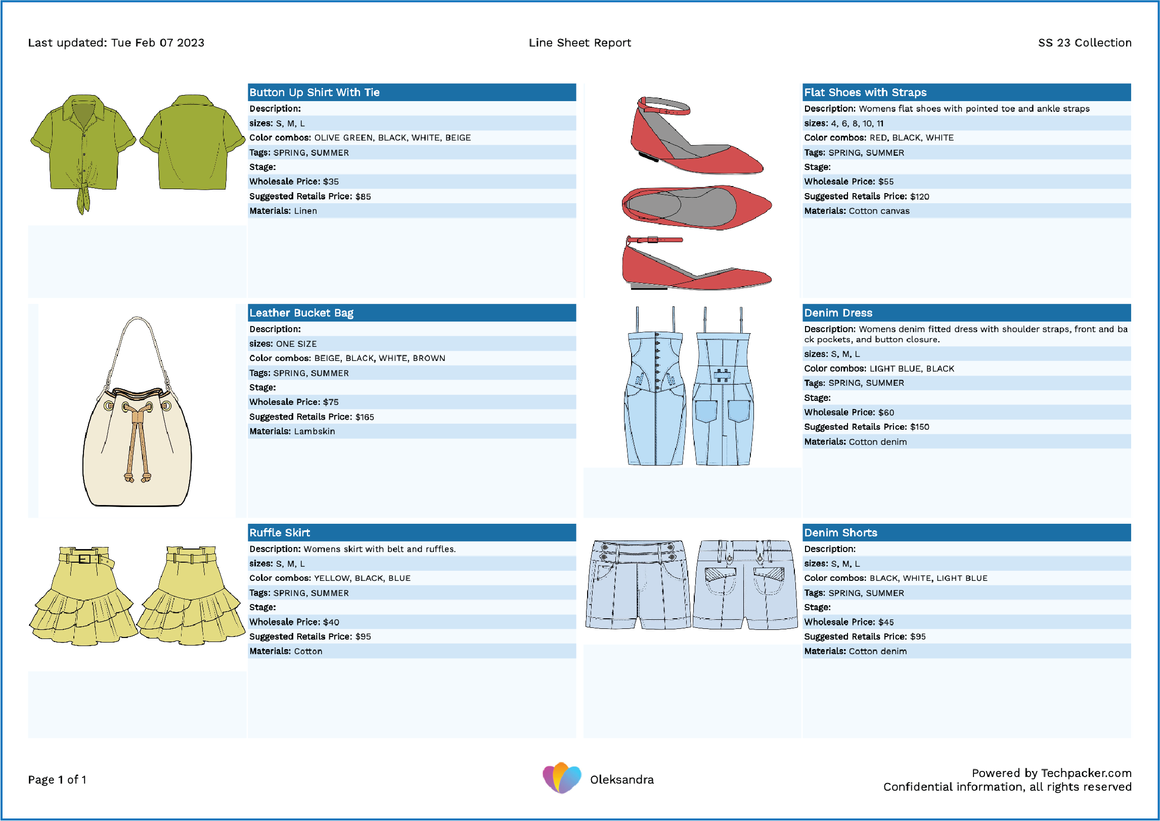 Fashion line sheet